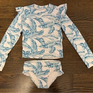 Janie and Jack White and Blue Leaf Print Long-Sleeve Rashguard Set